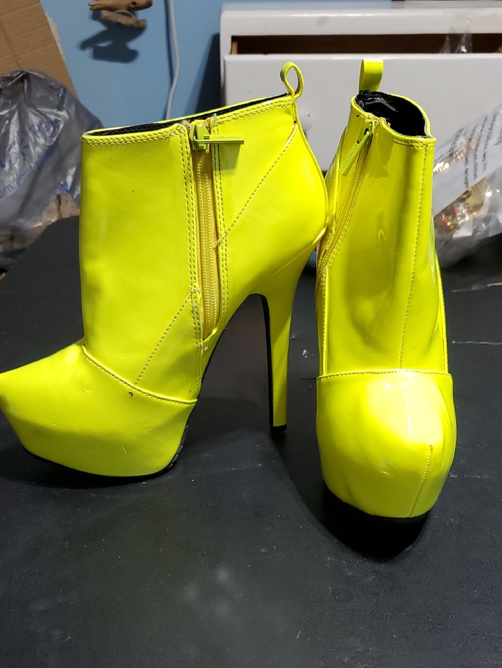 Neon Yellow High Heel Platform Ankle Boots for Women. These Boots Were Displays.